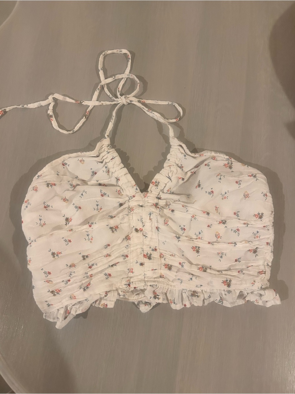 American Eagle Outfitters White Floral Halter Ruched Crop Top